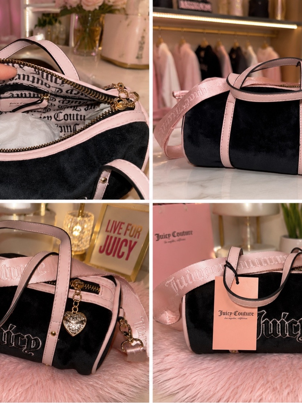 Juicy Couture Black Velvet Mini Barrel Bag with Pink Trim